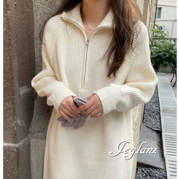 5色 ニット ワンピース ハーフジップ ゆったり カジュアル派 ♪(MB556)γ