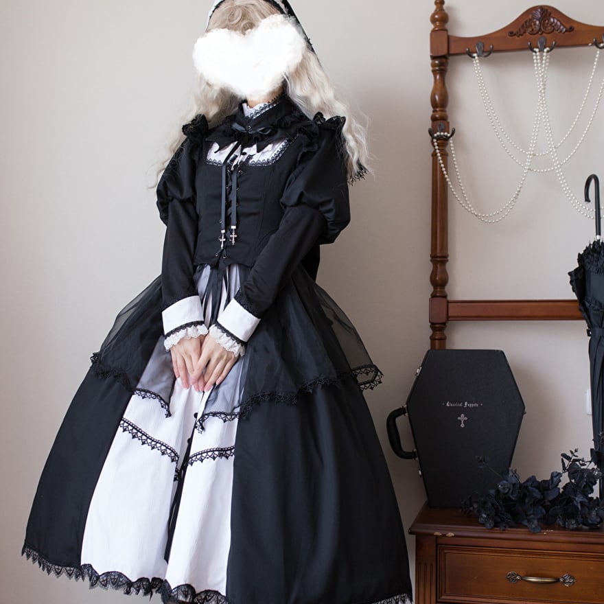 コスプレ衣装 セーラー襟付き黒ドレスとベストセット、となずな オールインワン ドレス 編み上げベスト つけ襟 リボン 修道女 ゴシック