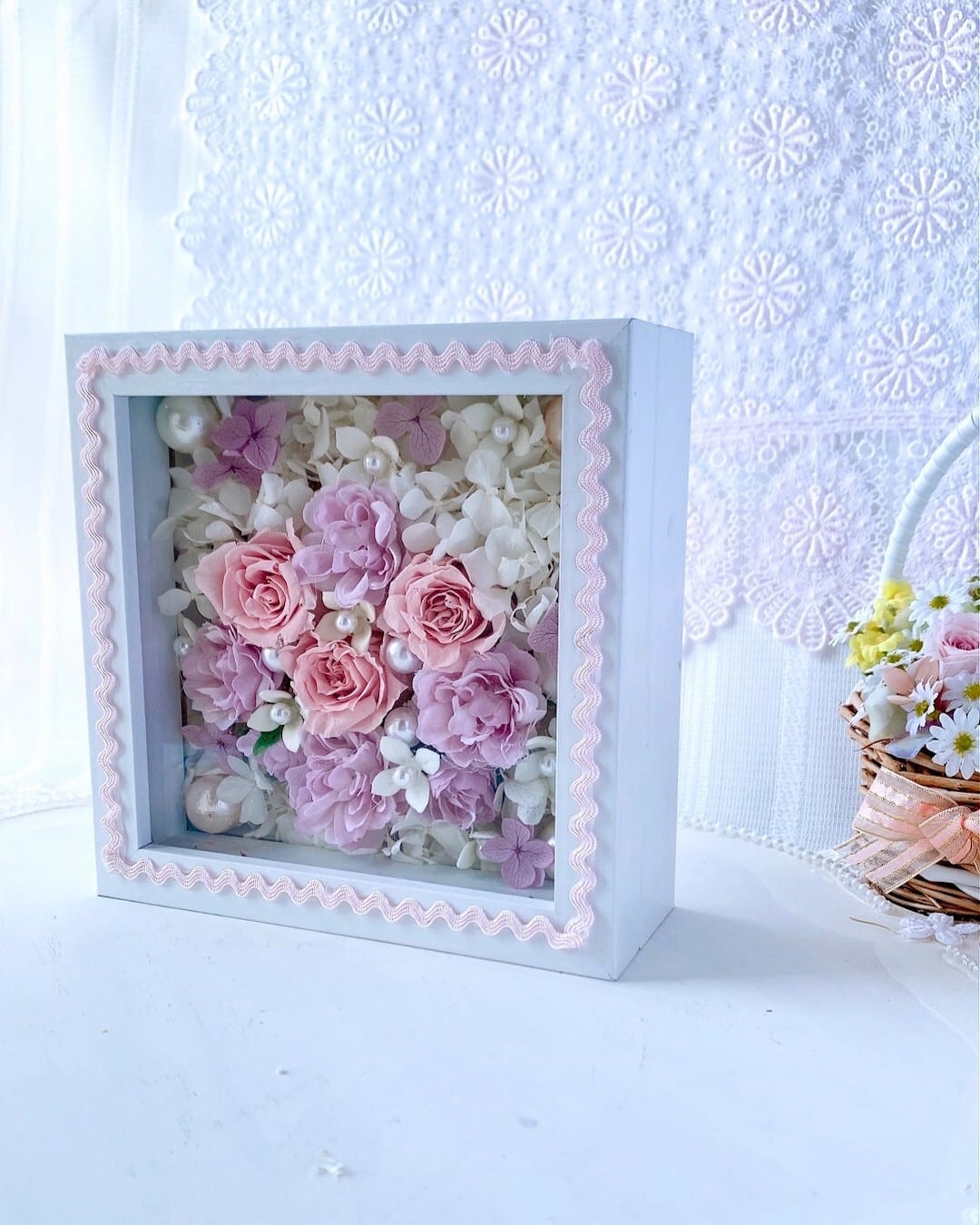 ことばの花束フラワーフレーム【HGF-02】縦横15㎝│ 木枠ガラスフレーム｜ ピンクローズ│ギフト｜ 記念日│誕生日│お餞別に