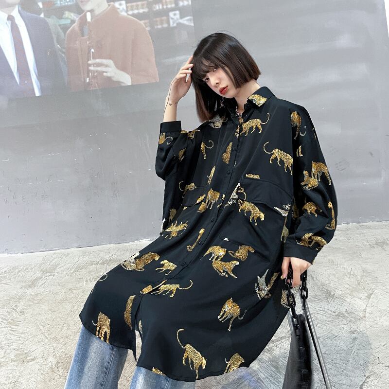 シャツ レディースオータムルーズ薄手スタイルFlowerデザイン ロング 秋物 フラワーデザイン ラブタオタオダレンハウス89922120359