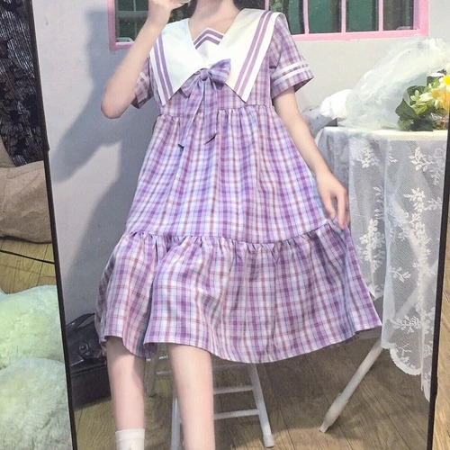 ✞ スカート カラーネイビーリボン半袖スリーブチェック柄 ショート スウィート ✞ゴスロリ SM ミリ 甘ロリ クラロリ 和ロリ エレガント 黒ロリ 姫ロリ 華ロリ BB-BB7807309