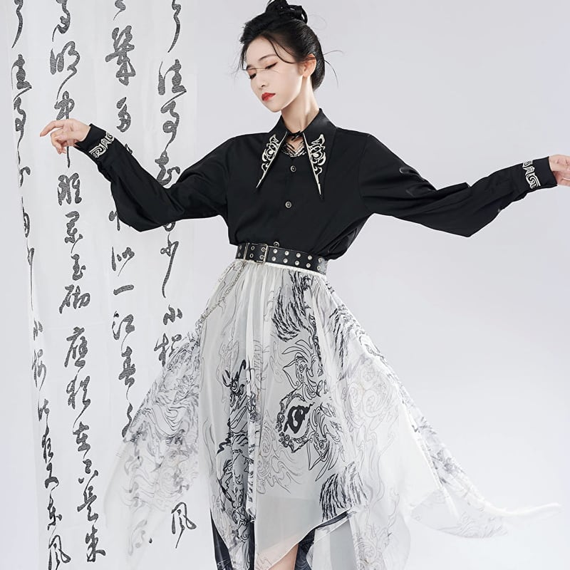 サブカル 服 地雷系 通販 アシンメトリー ハイウエスト スカート レトロ チャイナ服 中華服 闇かわいい ストリート系