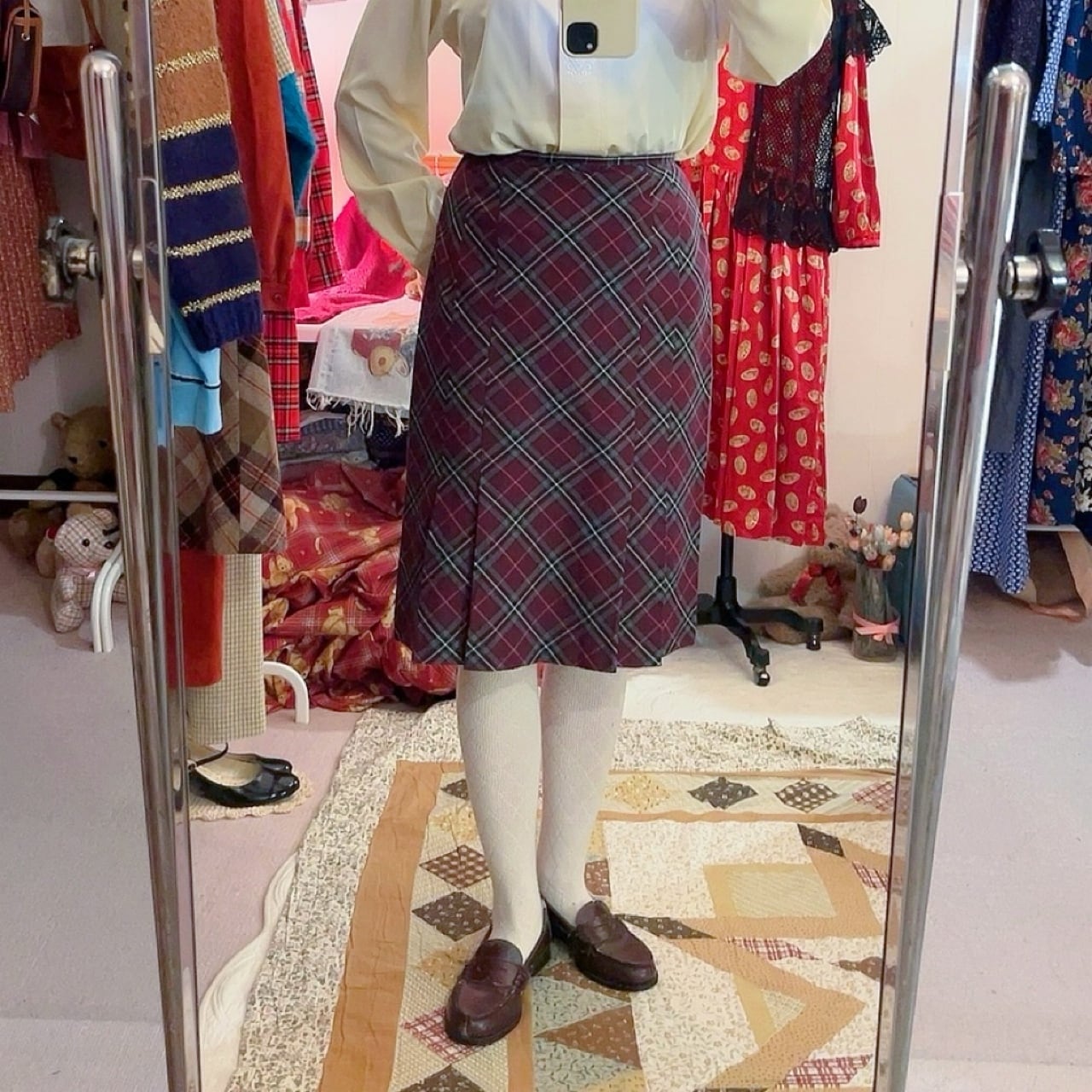 purple gray check tuck skirt