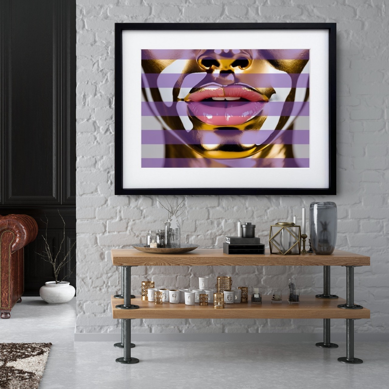 ミラージュ・ゴールド｜輝くメタリックフェイス×パープルストライプの大胆アートポスター｜モダン空間の主役に｜A3ポスター