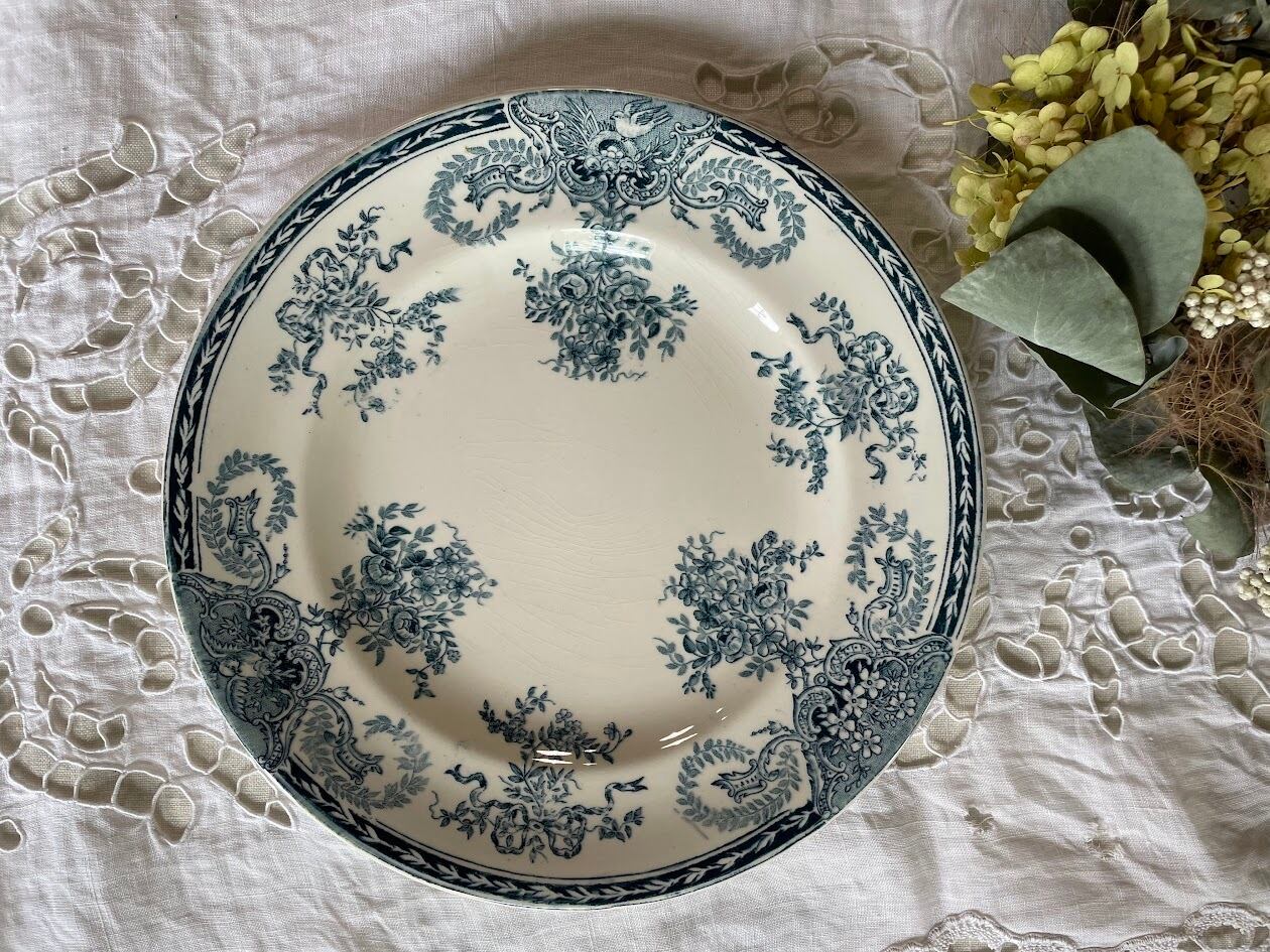グリザイユ 花リム パンプレート 青 ブルー フランスアンティーク