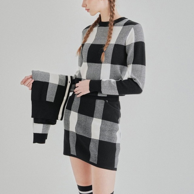 【セットアップ可】ギンガムチェック長袖ニットプルオーバー