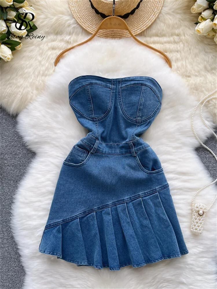 Sing補強-デニムストラップレスドレス,イレギュラー,ホルター,ジッパー,ポケット,セクシー,クラブ,レディース,トレンディ,ミニドレス,夏,2022_136