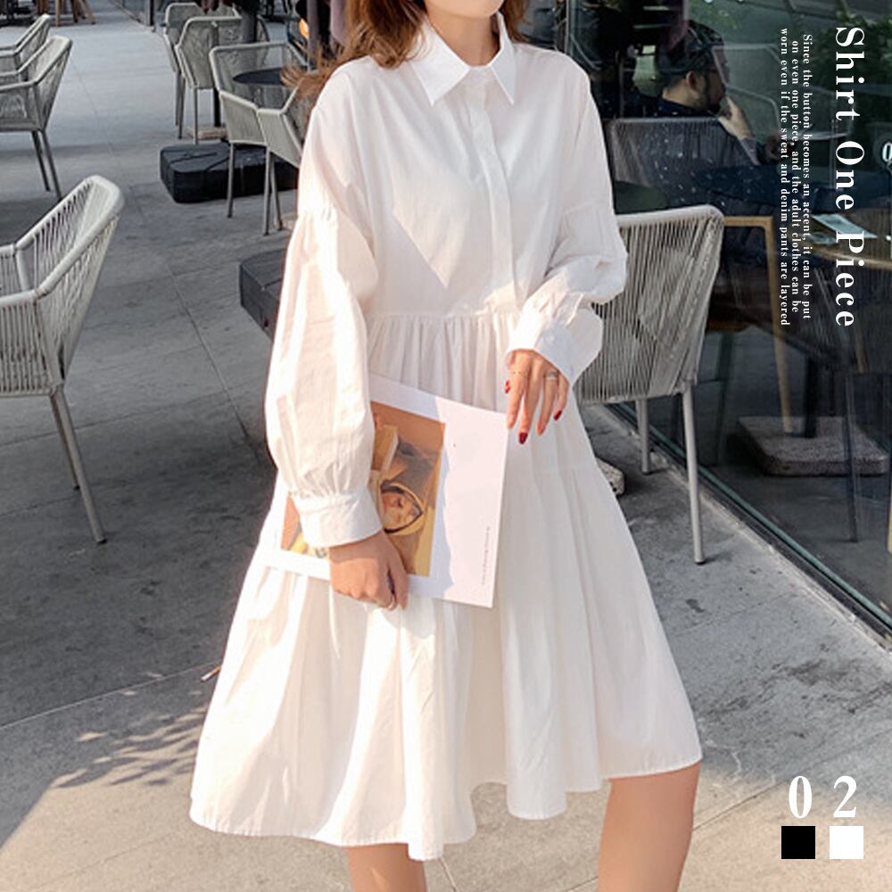 長袖 フリル シャツワンピース レディース 春 夏 韓国 大人可愛い フレアワンピース 白 黒 ティアード きれいめ かわいい Ritz Chic