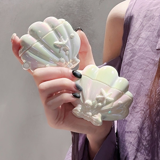 【Airpodsケース】飾りたくなる◎貝殻モチーフ 韓国かわいい エアポッズカバー ホワイトパールシェル オーロラ ワイヤレスイヤホン AirPodsケース ND-15816