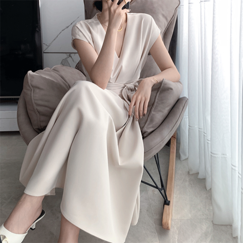 ワンピース 半袖 ロング Aライン フレア Vネック レディース ロングワンピ ミモレ丈 無地 ウエストリボン きれいめ ポケット ハイウエスト フレンチ袖 レディース フレアスカート エレガント