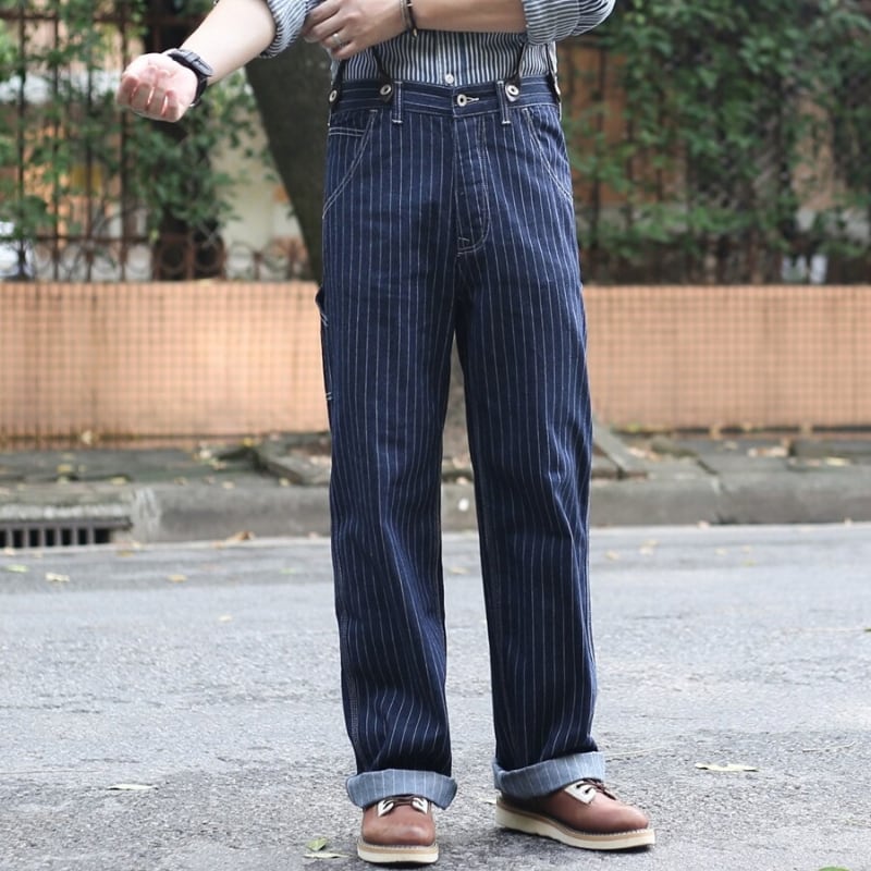 当店人気】ワイドレッグ ストライプ柄ライトデニムパンツ サスペンダー