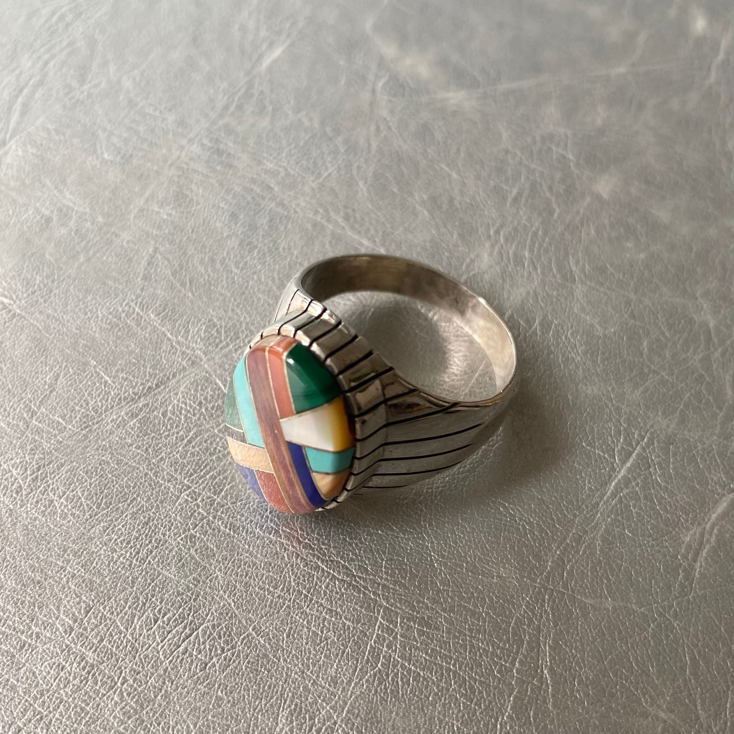 Vintage 70s〜80s USA silver 925 colorful stone artistic inlay ring 