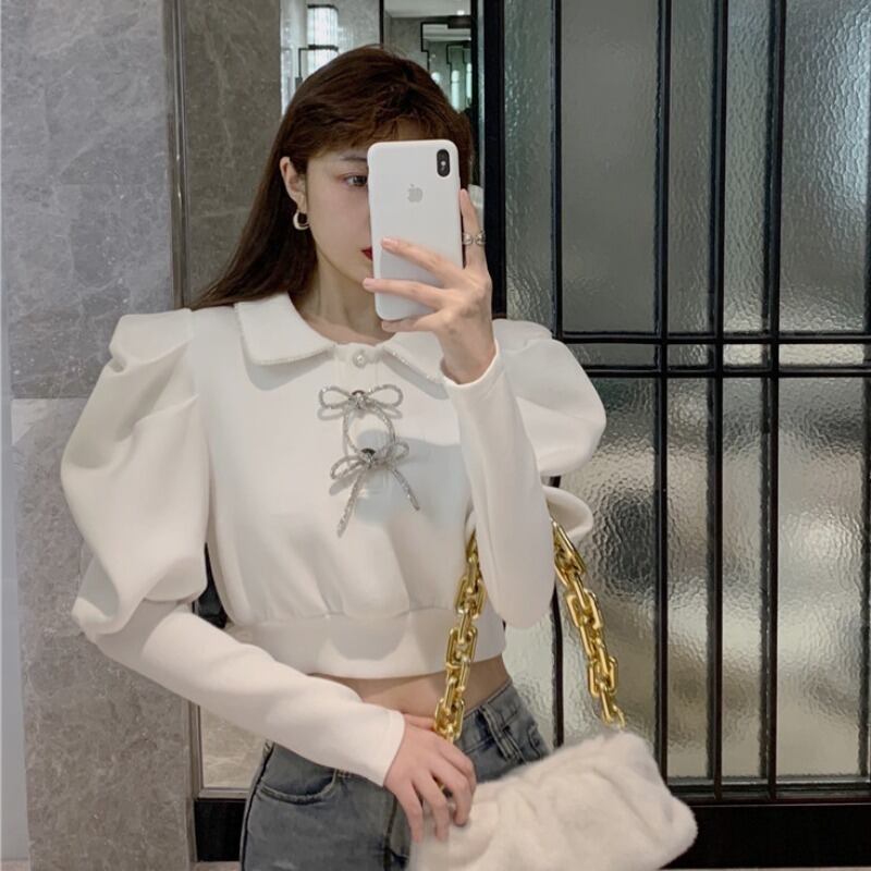 スリーブトップス オータムウィンターウェストショートセーター ロング リボン 秋物 冬物 YY-ファッション88077604476