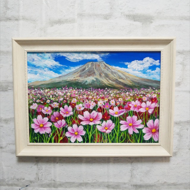 油絵 油彩 油彩画 絵画【コスモスと富士山】 | HIROSHI1990