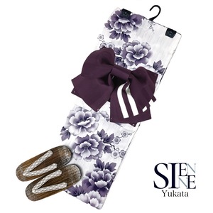 浴衣ジェンヌ 浴衣3点セット 白地にぼかし椿 結び帯 作り帯 ゆかた 浴衣セット