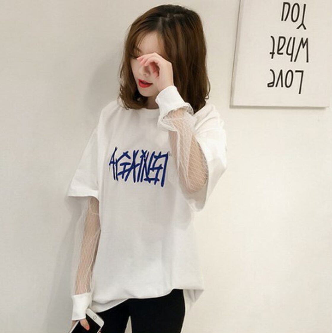 XL/ホワイト】長袖Tシャツ ロンT 袖シースルー 重ね着風 刺繍 ロゴ 