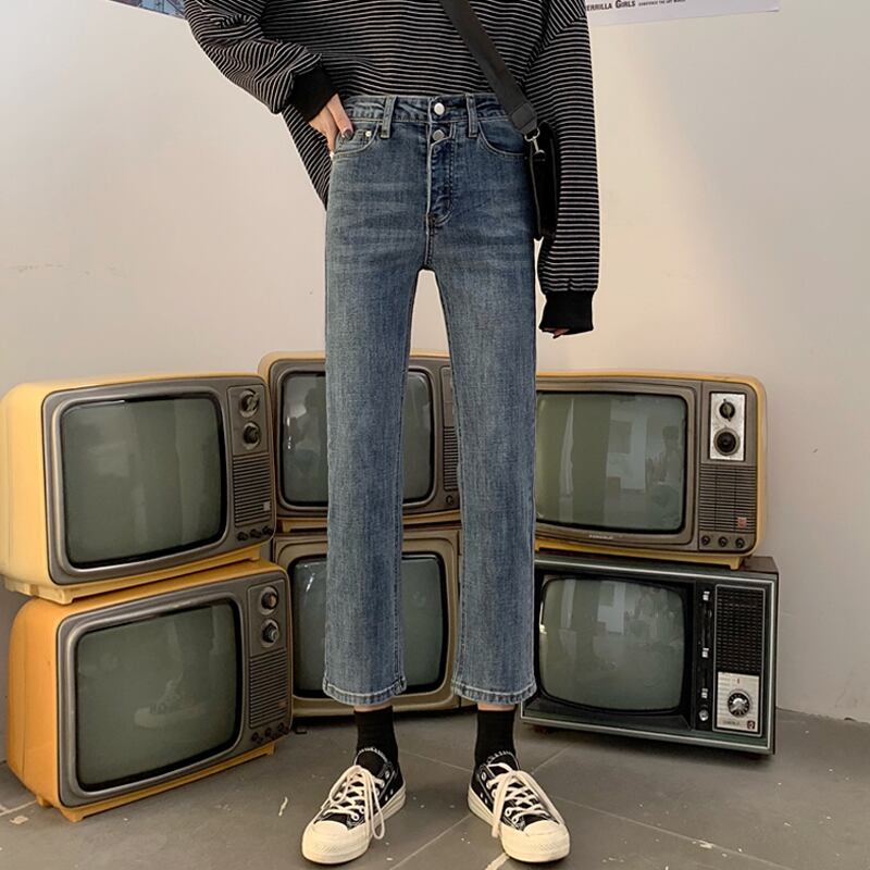 スプリングスタンダードパンツ ブルーハイウェストジーンズ 薄手 レトロ 春物 スーパーモール51572008439