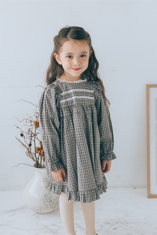 レーススタンドネックワンピース<Gray check>