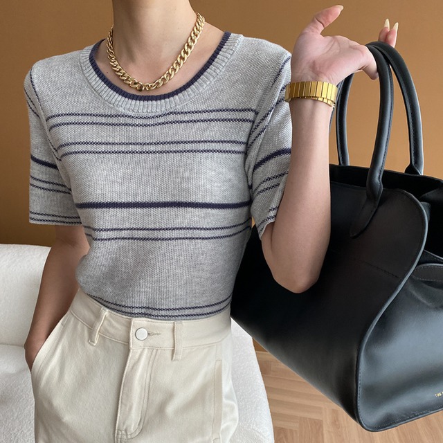 カジュアルボーダー半袖ニット　21821