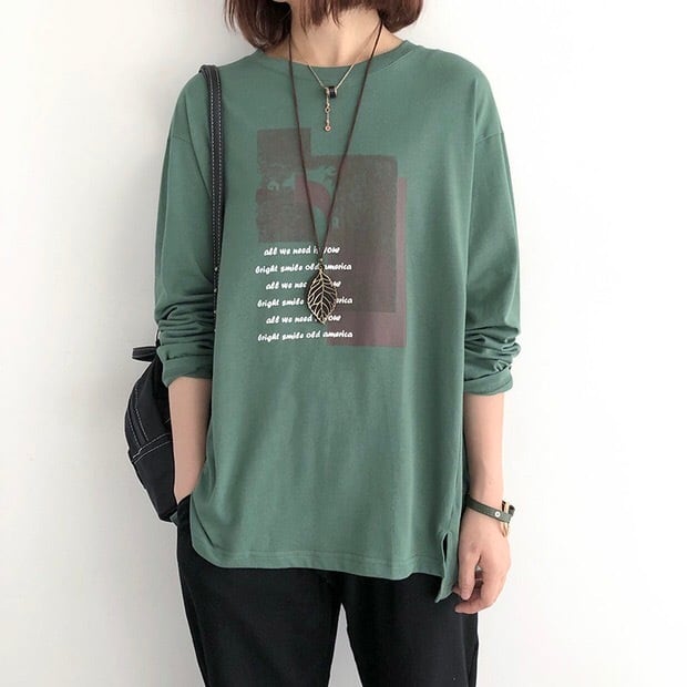 [TITICACA]ロンＴ カットソー長袖Tシャツ 緑色 シンプル LサイズOK titicaca - [TITICACA]ロンT カットソー長袖Tシャツ 緑色 シンプル L