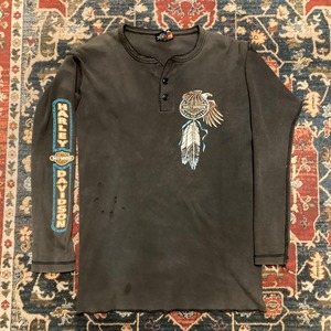 80s Harley-Davidson Henleyneck LongT-Shirt ヴィンテージ ハーレー ヘンリーネック ブラック Lサイズ スミ黒 バイカー ロンT 長袖 古着