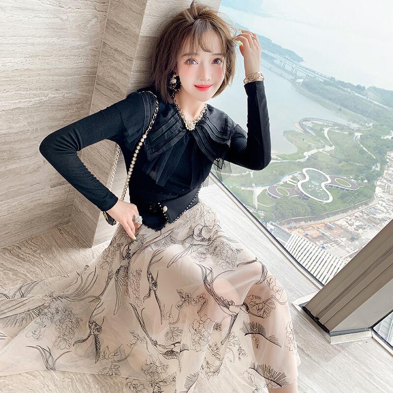 カラートップス ウェストメッシュスカート セット レッド 刺繍 MIUCO52814987693