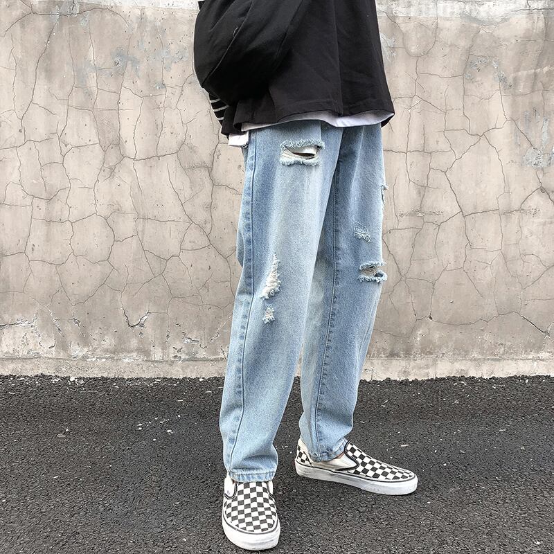 全1色 デニム パンツ ストレート カジュアル ダメージ おしゃれ