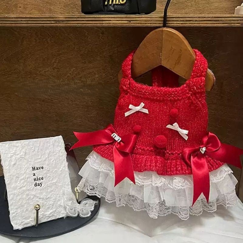 【海外ハンドメイド】レッドニット×レースケープドレス 犬服 01353
