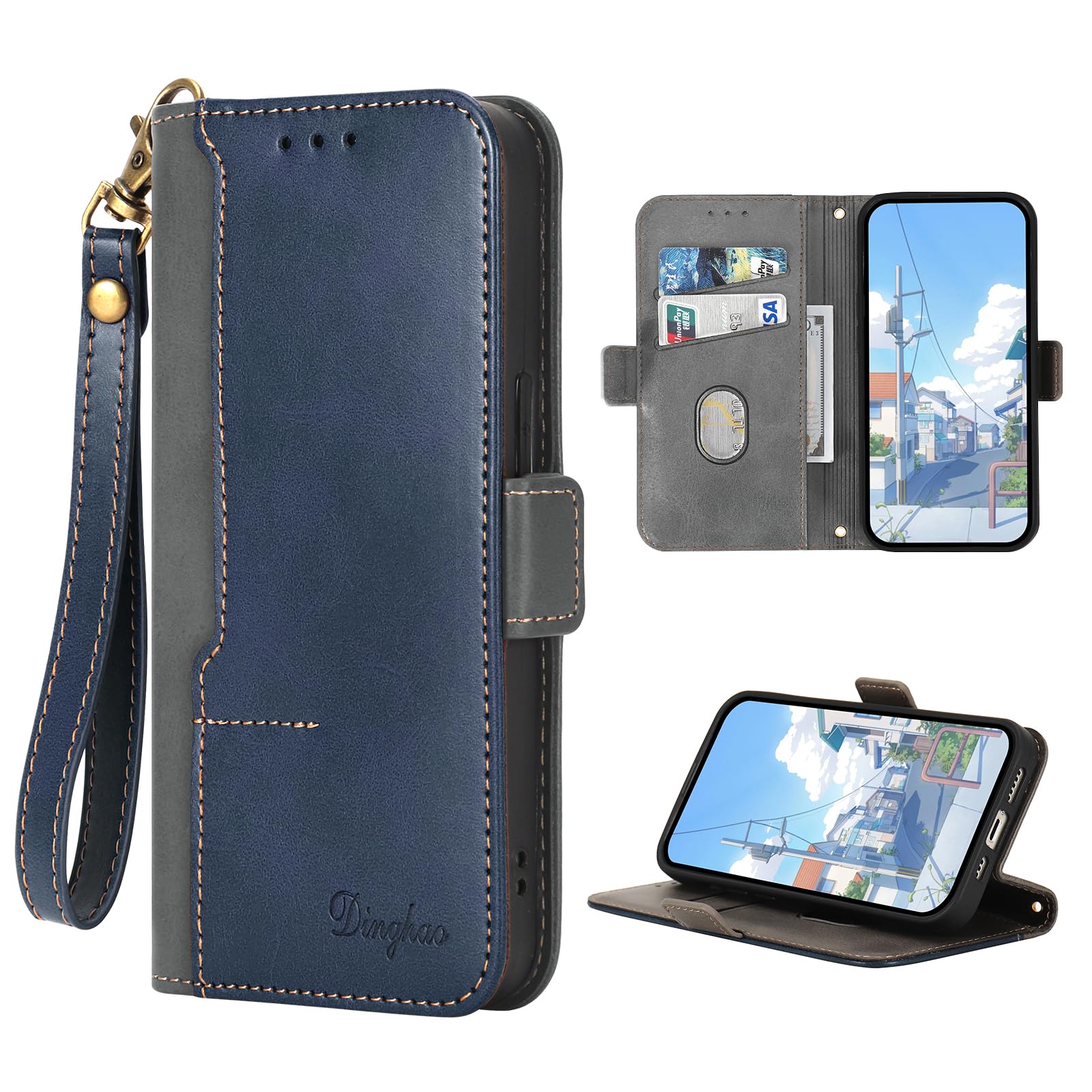 適用iPhone 17ケース手帳型 【MUOUID 】アイフォン17ケース case ストラップ付 カード入れ収納 スタンド機能 マグネット式 財布型 スマホケース かバー ブルー+グレ