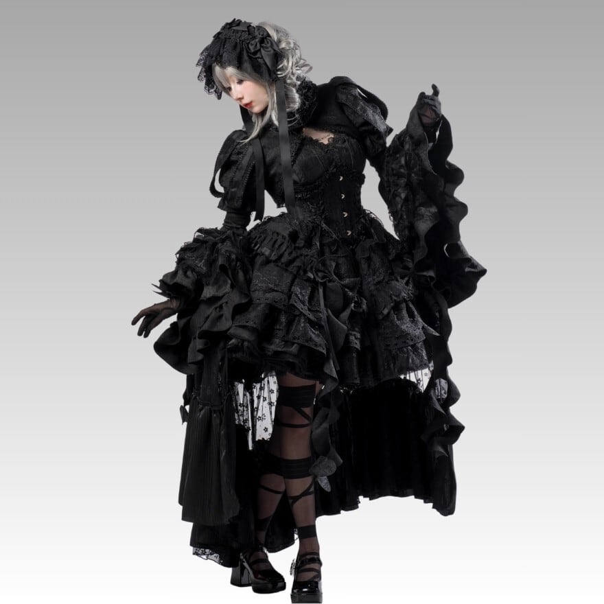 ゴスロリ 重厚ジャガード多段フリルドレス コルセット仕様 黒白｜納期4