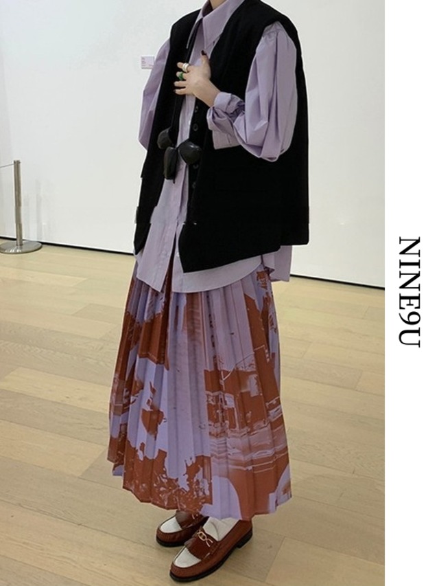 retro pleats nichi long-skirt【NINE6343】