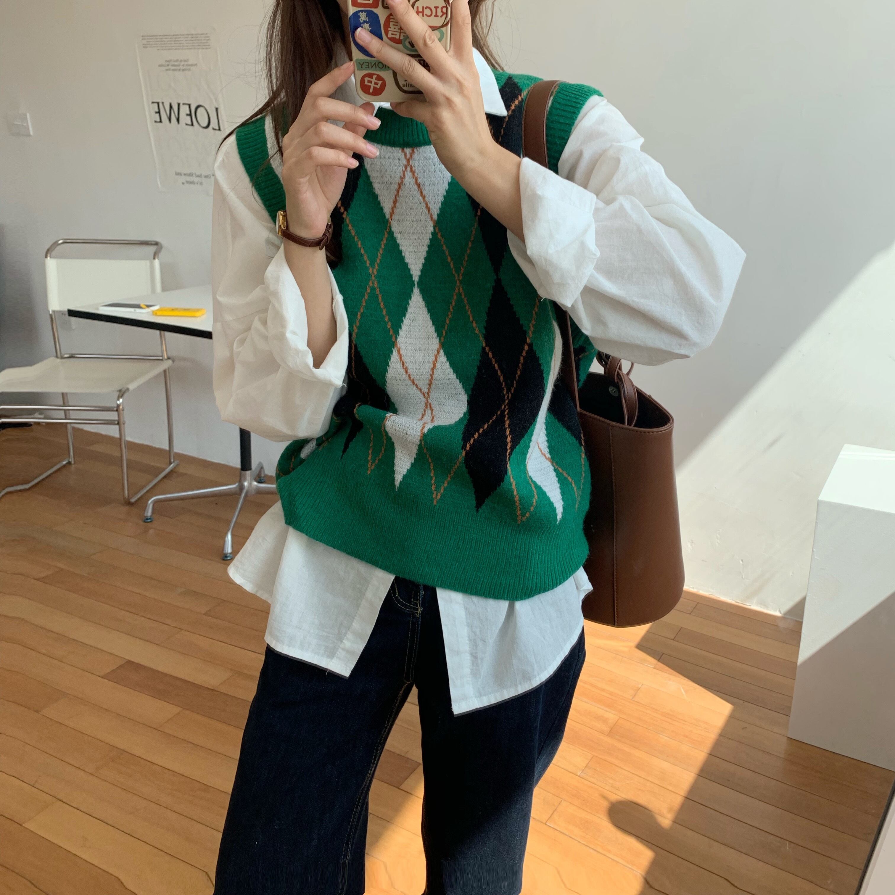 カラーカジュアルレディースオータムスリムラウンドネックノースリーブプルオーバー セーター 秋物 Oネック ビッグFスモールZ韓国19354435841