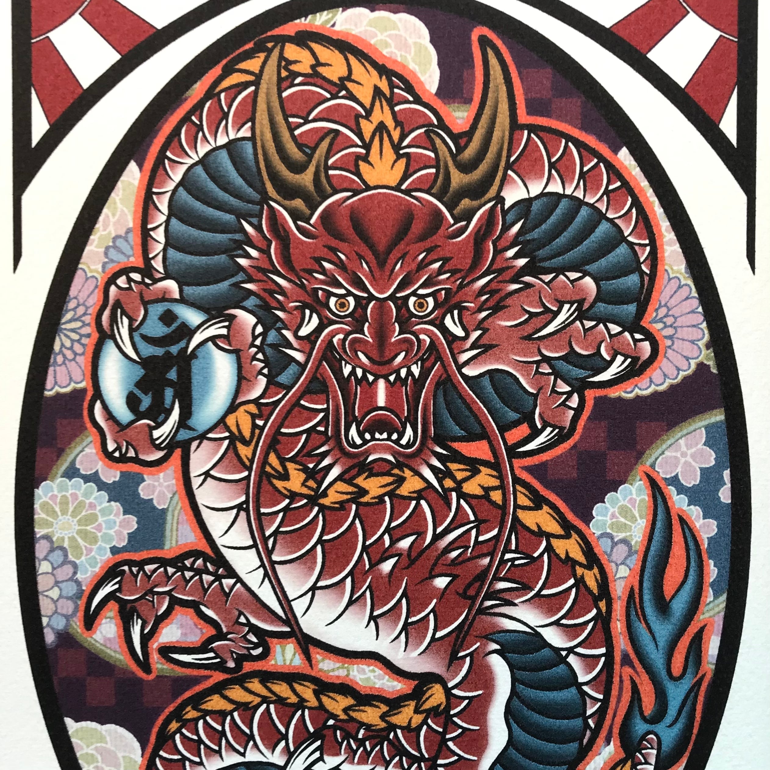 入荷待ち納期未定 尾九 龍画 イラスト 正面龍 赤龍 梵字 サイズ 黒色フレーム 好評 ハンドメイド 日用品 インテリア Arl Org Pk