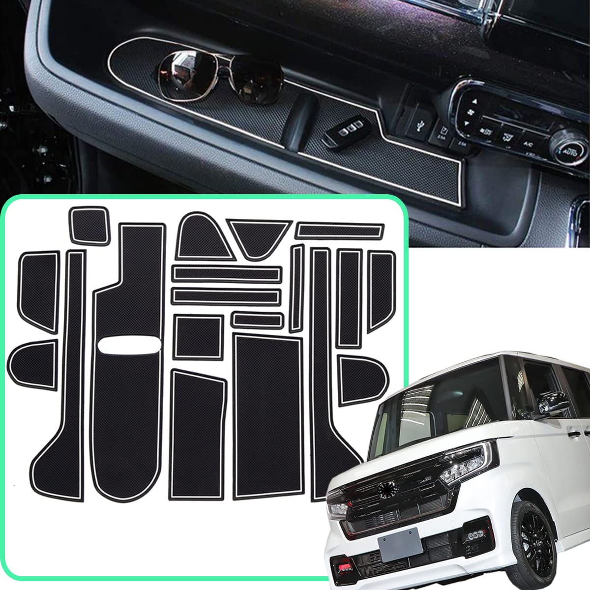 Temiry ホンダ用 インテリア ラバーマット N-BOX JF3/JF4 2017.8~2020.12 専用 ポケットマット 騒音防止 nboxカスタム アクセサリー 滑り止め 車 コンソールマット 19枚 (ホワイト(夜光))