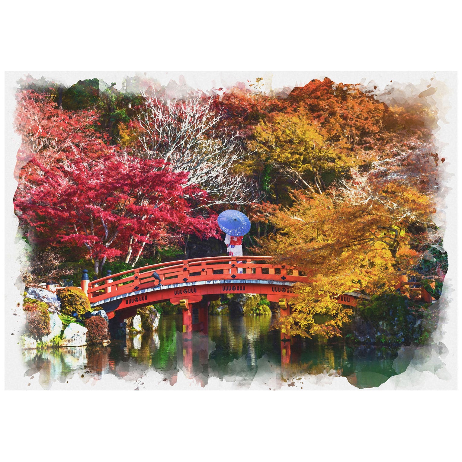 絵画 秋の日本庭園の風景 インテリアアート額付き 水彩画・油絵風 
