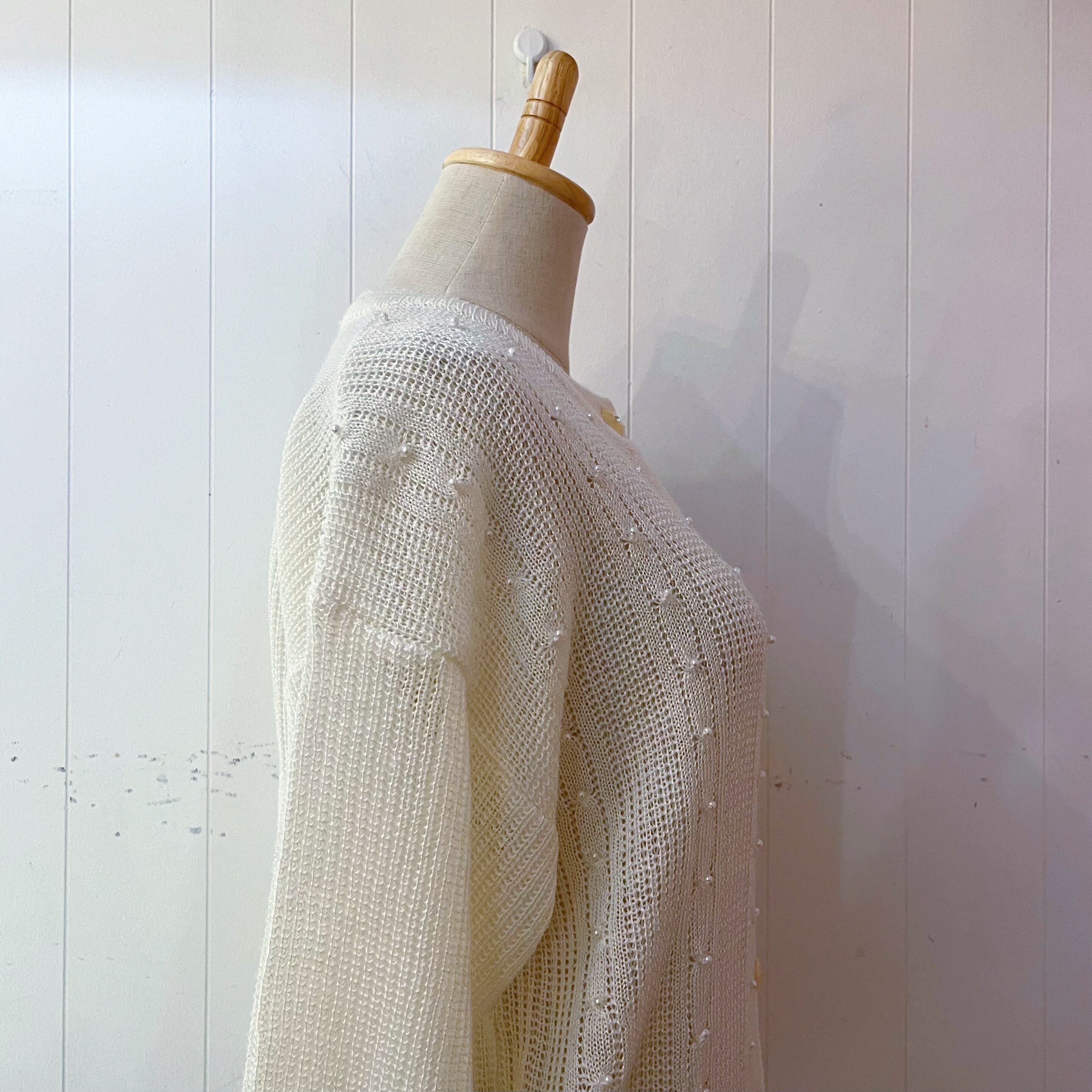 mini pearl beads white knit cardigan