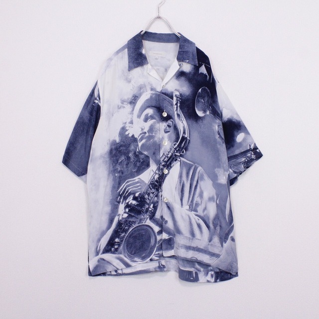 【Caka act2】80〜90's Euro Vintage Jazz Musician Print Design Loose Open Collar S/S Shirt