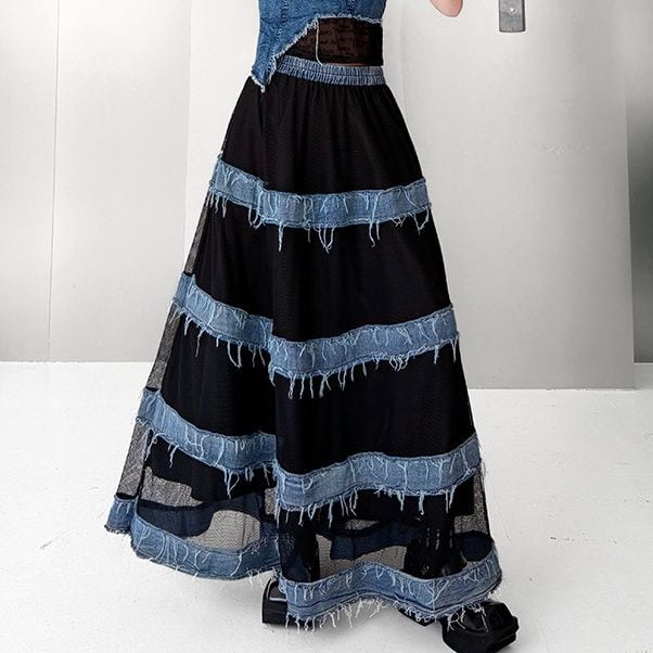 DENIM MESH TIERED HIGH WAIST A-LINE SKIRT M-17848