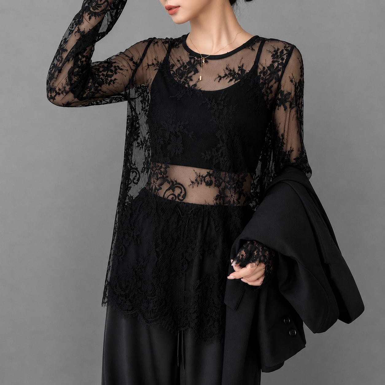 sheer lace long tops / l0496