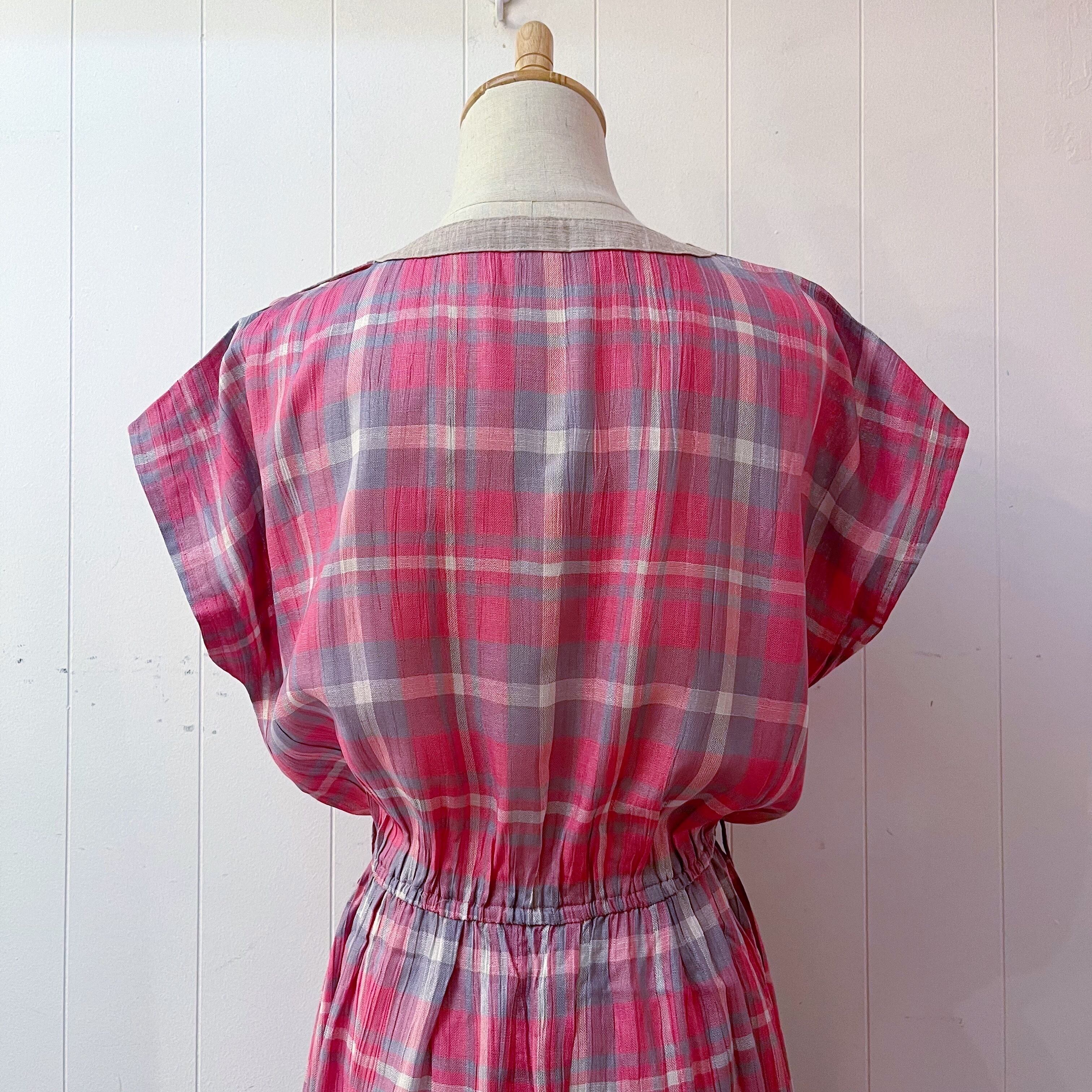 pink gray check button one-piece