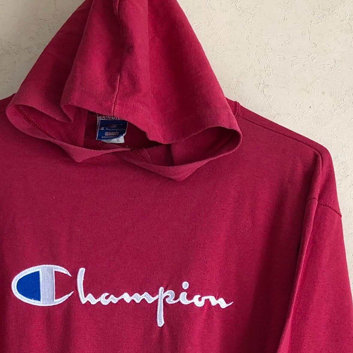 【Mサイズ】CHAMPION USA製 90s コアロゴ刺繍 フード付きロングスリーブ カットソー