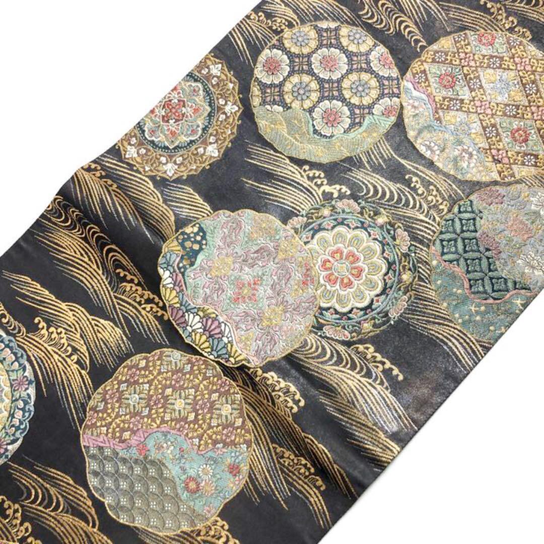 袋帯 七彩吟繍織 美しい華柄模様 波模様 七宝 金彩 O-1861 | リユース着物わびさび