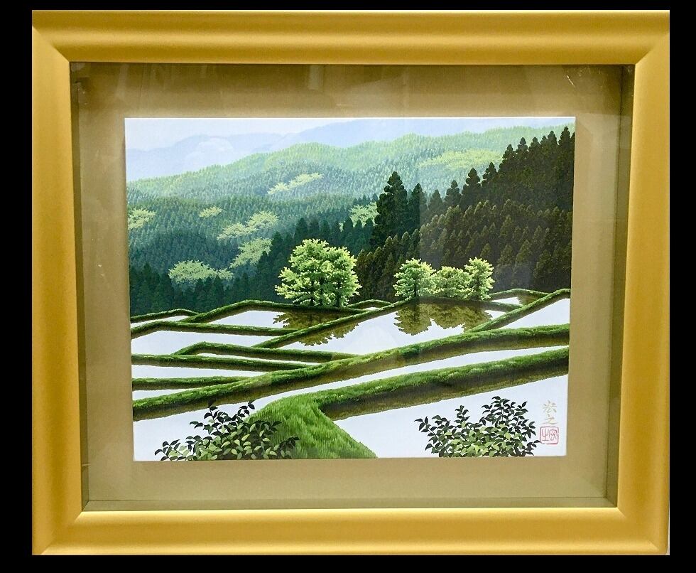 棚田と古民家 水彩画 原画 棚田と古民家 水彩画 原画 棚田と古民家