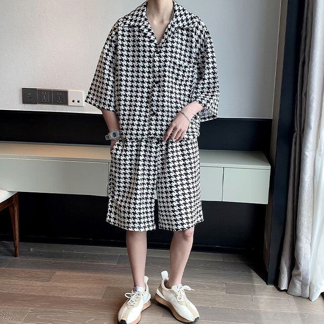【予約販売】メンズ セットアップ 上下 ハーフパンツ 半袖 シャツ 千鳥格子 総柄 ブラック スーツ フォーマル 結婚式 パーティー カジュアル 春夏秋 M/L/XL/2XL