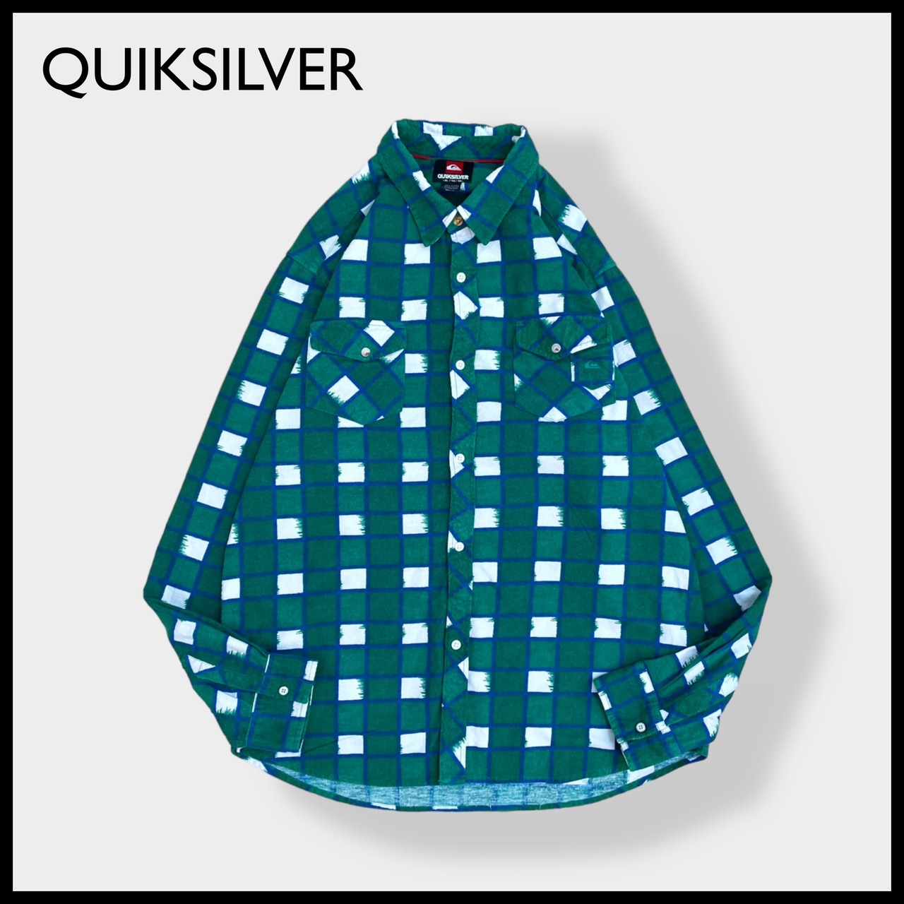 【QUIKSILVER】X-LARGE  ビッグサイズ フランネルシャツ ネルシャツ 長袖 ブロック チェック柄 カジュアルシャツ 刺繍ロゴ フラップポケット クイックシルバー グリーン系 US古着