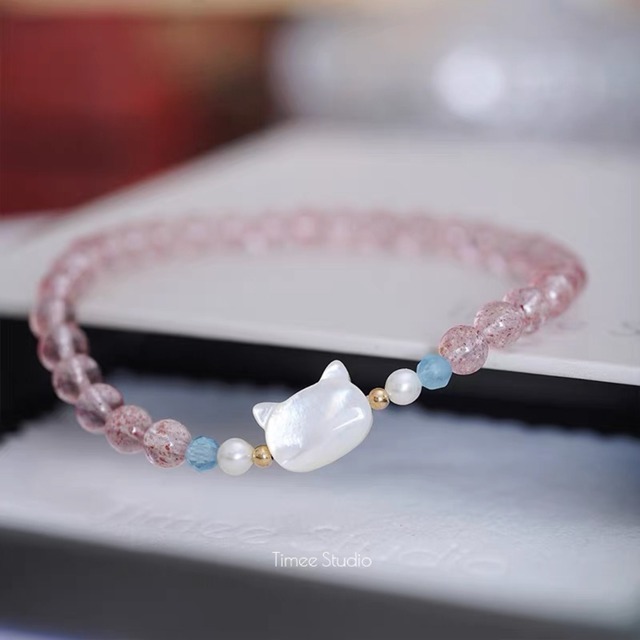 白猫が見守る桜色の恋 - ストロベリークォーツとアクアマリンの良縁ブレスレット❤︎B231