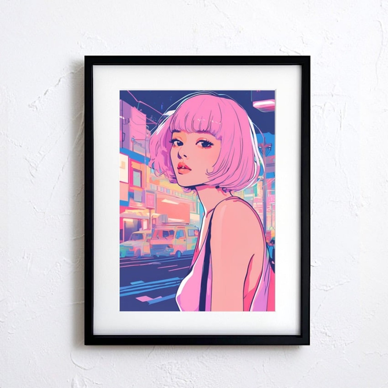 Bob Girl Ⅴ|ピンクヘアが印象的なレトロポップアートポスター|淡いパステルが描くシティポップでおしゃれな空間演出A2ポスター