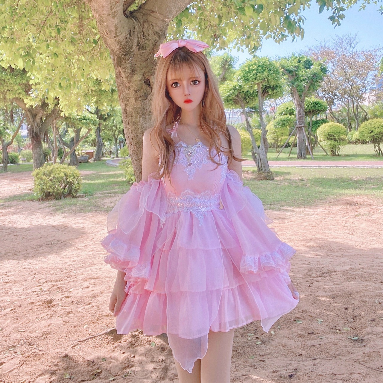 ピンク オフショルダー ワンピース ガーリー コスプレ 可愛い 姫 原宿 