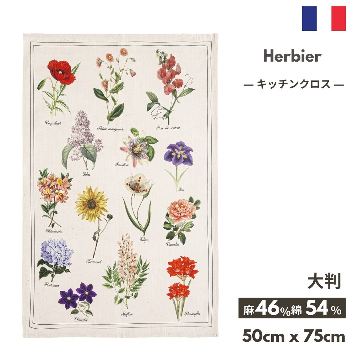 フランス雑貨 キッチンクロス【HERBIER ハーバリウム】ティータオル 