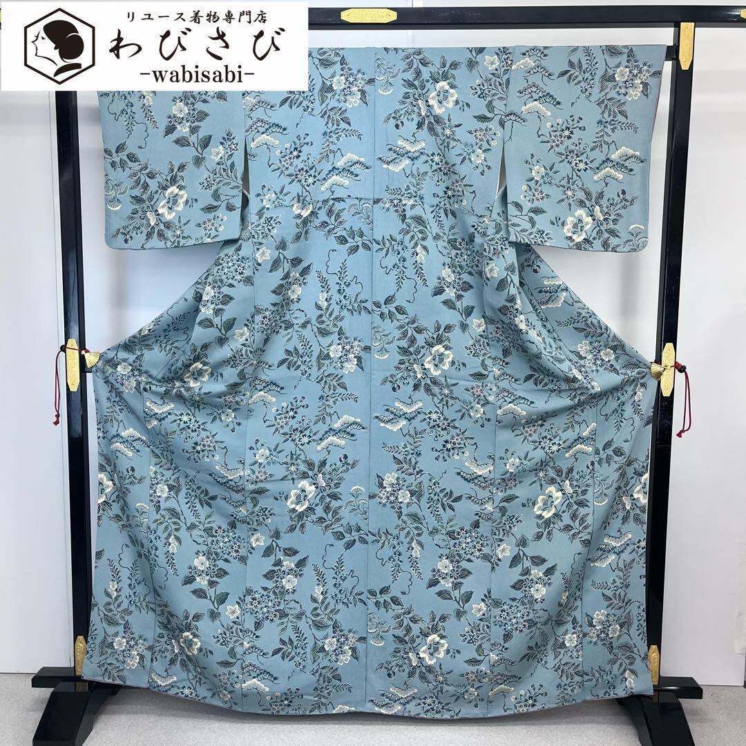 小紋 型染 花柄模様 薄山藍摺色 縮緬 K-3970 | リユース着物わびさび｜小紋